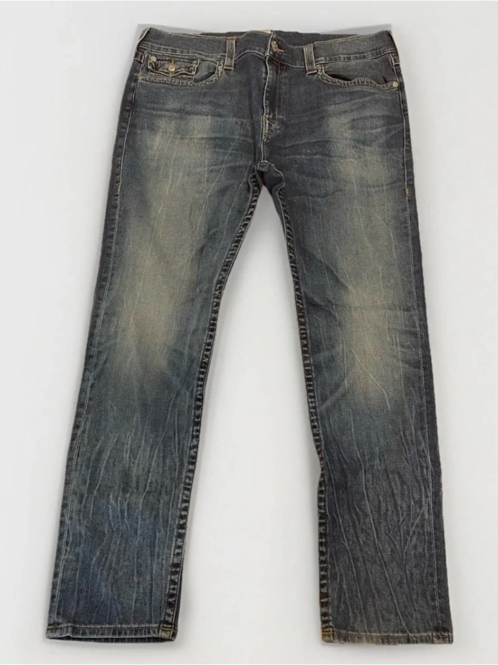 Y2K True Religion Jeans Rocco Relaxed Skinny Size 40 Blue Distressed Denim - Picture 3 of 14